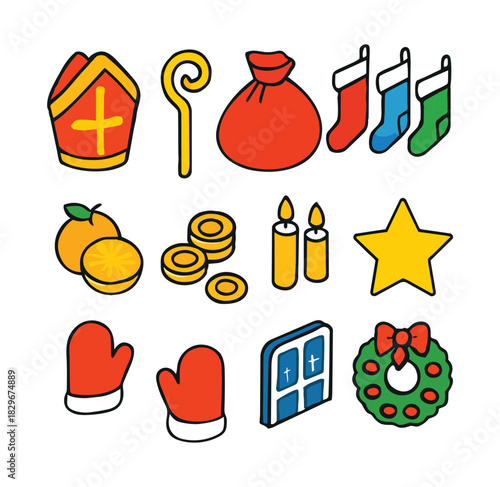 Saint Nicholas Day Icons with Gifts and Symbols Keywords: Saint Nicholas, Sinterklaas, gift