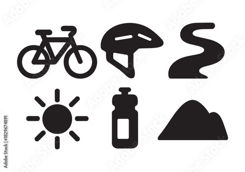 Cycling Icons Including Bicycle Helmet and Mountain Road Keywords: bicycle, bike, helmet, safety