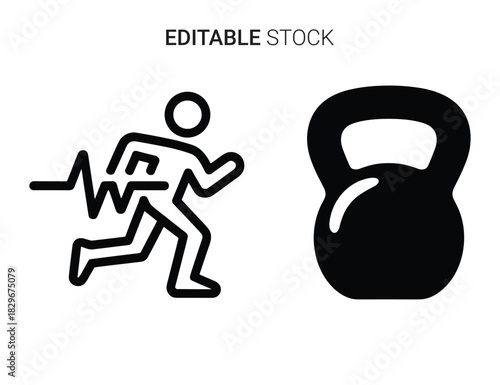 Beautiful silhouette vector of running person icon with heartbeat line and kettlebell isolated on