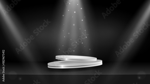 Luxury Product Display Stage Mockup.Realistic Two-Tier Podium Scene with Magical Sparkling Spotlights.