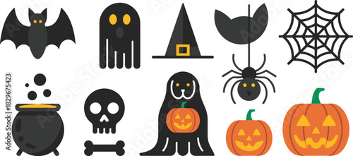 Cute Halloween flat icons collection including spooky bat, ghost, witch hat, spider web, skull, cauldron and pumpkin, holiday isolated design elements set, - cad drawing flat vector illustration