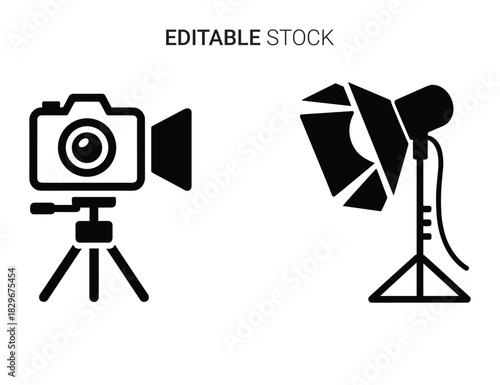 Beautiful silhouette vector of black and white icon set of camera on tripod and studio light