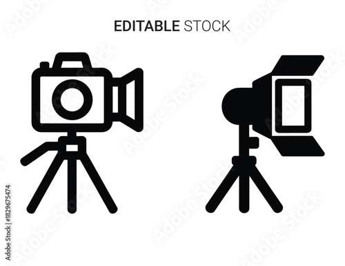 Beautiful silhouette vector of camera and studio light on tripod icon set isolated on