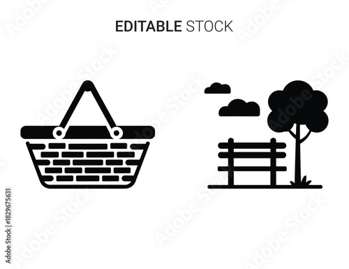 Beautiful silhouette vector of set of two black silhouette icons picnic basket and park bench with tree