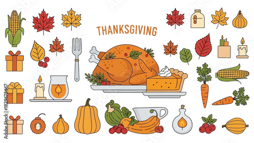 Autumn healthy food vector collection set with Thanksgiving turkey and seasonal vegetables and fruit illustration