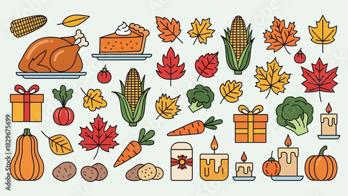 A vector seamless pattern icon set of autumn vegetables and fruit illustrations including apple, corn, carrot, leaf, and tomato