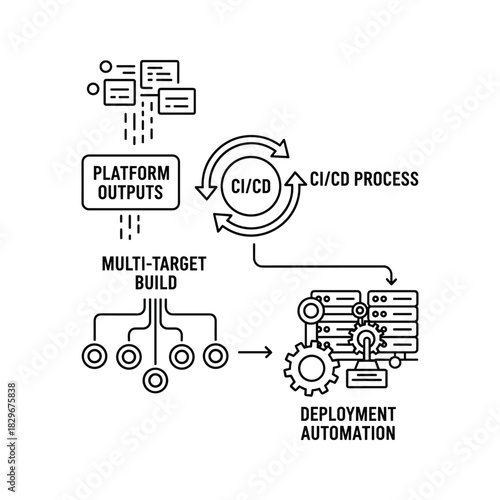 Black and white line art diagram illustrating cicd process and deployment automation