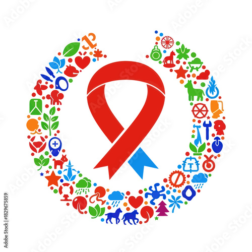 World AIDS Day Awareness Ribbon Surrounded by Symbols of Hope and Support.