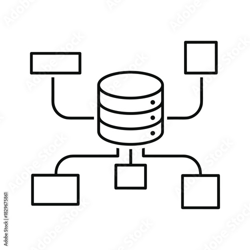Simple line icon representing a central database connected to multiple external nodes or systems