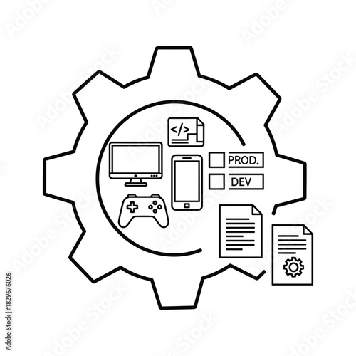 Outline icon representing game development process with gear, screen, controller, and code symbols