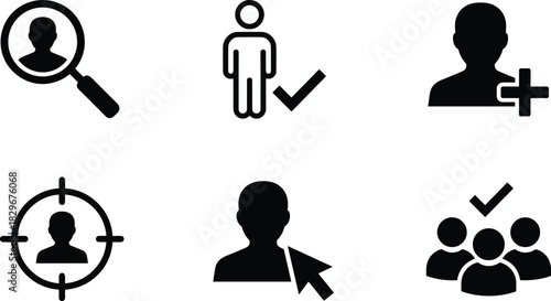 User profile selection icons with recruitment, candidate approval, add user, target audience and identification symbols in clean vector style