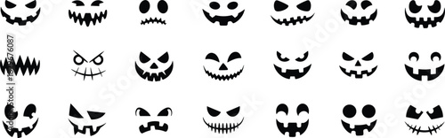 Scary Halloween pumpkin faces set, spooky jack o lantern silhouettes, black carving stencils, horror eyes and mouths icons collection, - cad drawing flat vector illustration