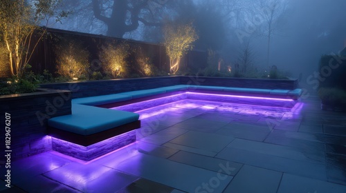 Iridescent tiled patio with built-in sunken seating LED edge lighting illuminating soft velvet upholstery moody violet twilight with