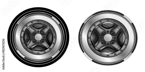 Wheel car , Car tire, Aluminum wheels, sport wheel and tire , Modern wheel rim, racing wheel and tire side view isolated on white background.
