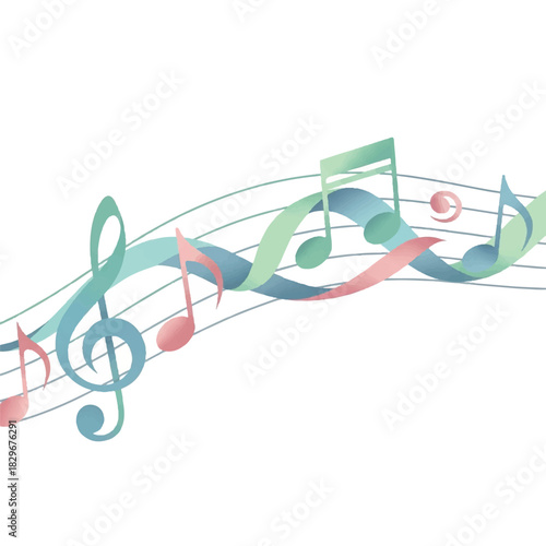 Melodic waves of colorful musical notes flow across a white background