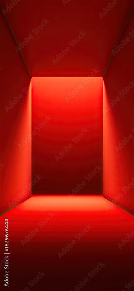 Obraz premium Bright vivid red background with rectangular shape in center of empty room, softly illuminated to create spatial depth and contrast, ideal modern backdrop for product display and promotional design co