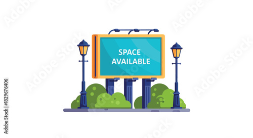 A flat vector illustration of a billboard with "SPACE AVAILABLE" text, flanked by two street lamps and green bushes.