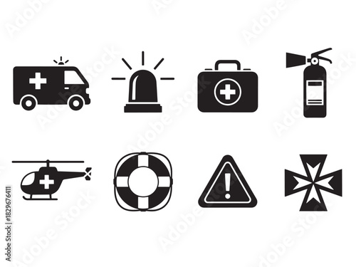 Brutalist Disaster Icons. Emergency Disaster Recovery silhouette set. ambulance, siren light, first aid kit, fire extinguisher, rescue helicopter, lifebuoy, warning triangle