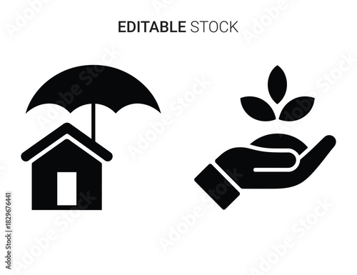 Beautiful silhouette vector of set of two icons house under umbrella and hand holding plant isolated on