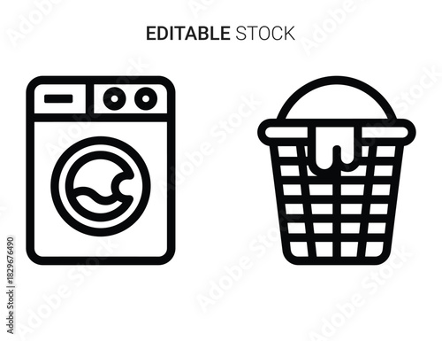 Beautiful silhouette vector of line icon set of washing machine and laundry basket isolated on