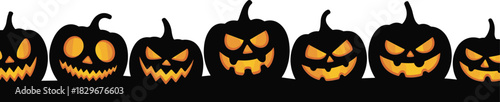 Spooky Halloween horizontal border featuring row of black pumpkin silhouettes with glowing orange scary jack o lantern faces, holiday decoration background, - cad drawing flat vector illustration