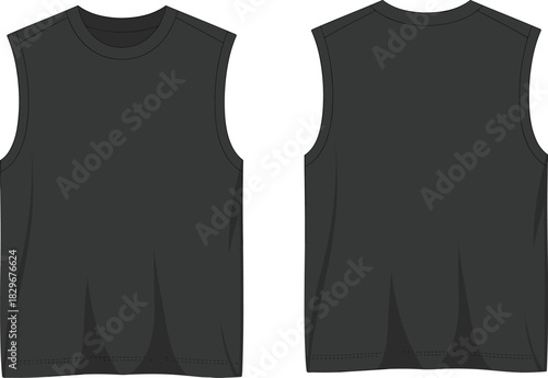 Black sleeveless tank top front and back view clothing template for apparel mockup and fashion design layout, cad drawing flat vector illustration