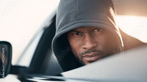 Hooded man looking with intense, suspicious expression from behind a car, representing criminal intent and unlawful acts
