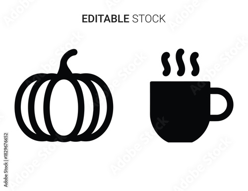 Beautiful silhouette vector of black and white icon set of a pumpkin and a steaming hot beverage cup