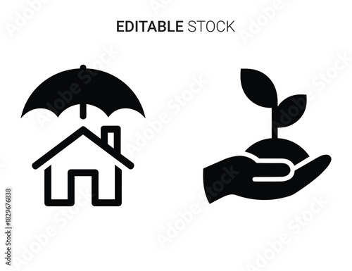 Beautiful silhouette vector of set of two icons house under umbrella and hand holding seedling
