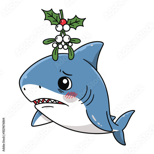 Shy baby shark wearing seasonal foliage above his head expecting smooch under the berries