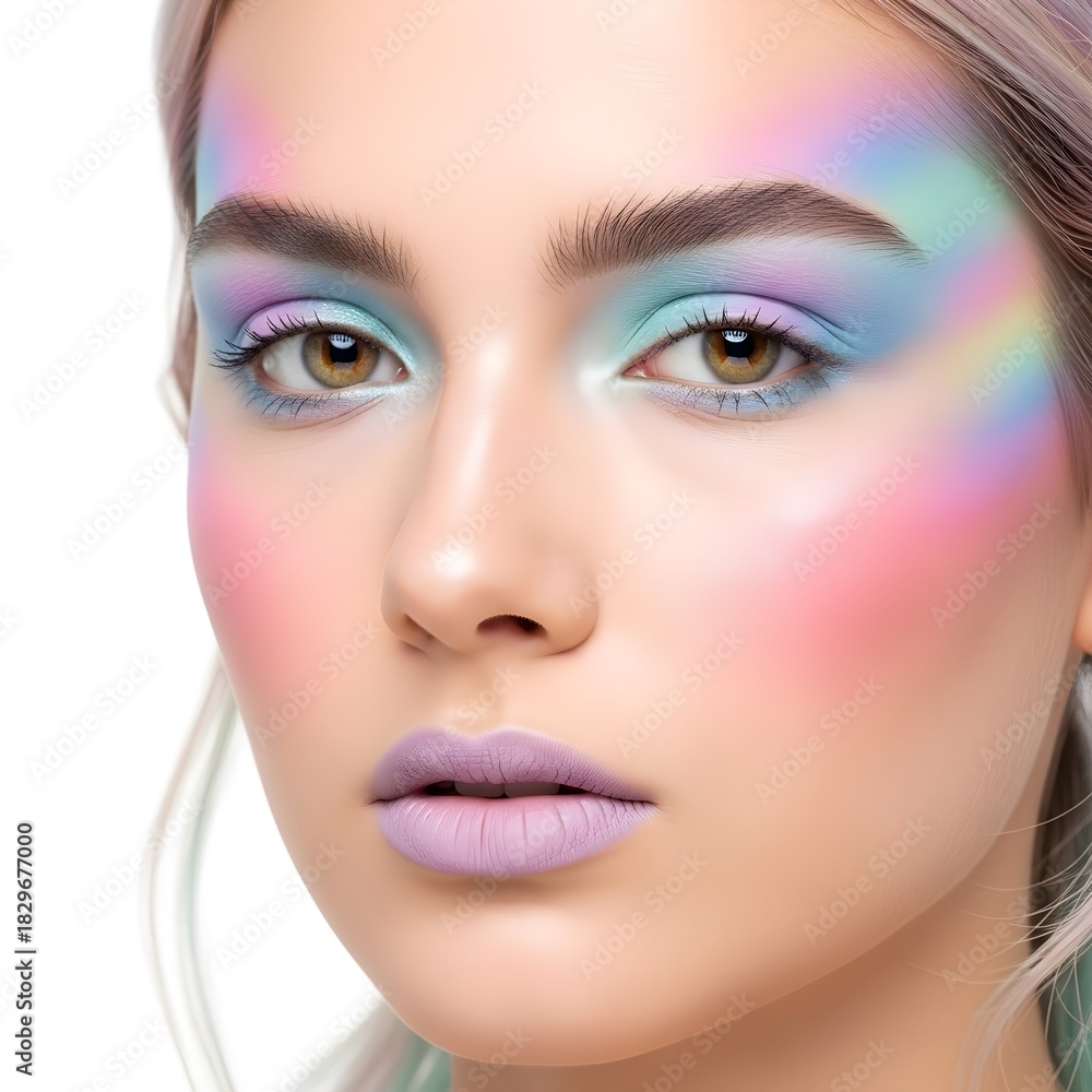 Naklejka premium Young woman with colorful holographic makeup and pastel lips