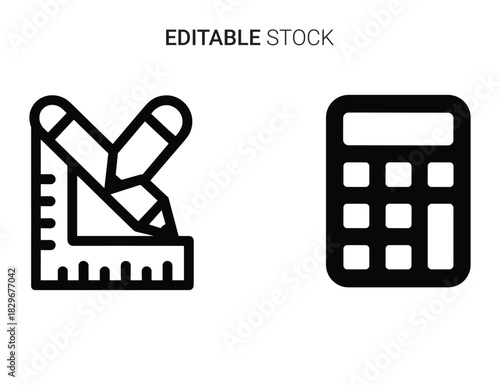 Beautiful silhouette vector of set of two black line icons ruler with pencil and calculator isolated on