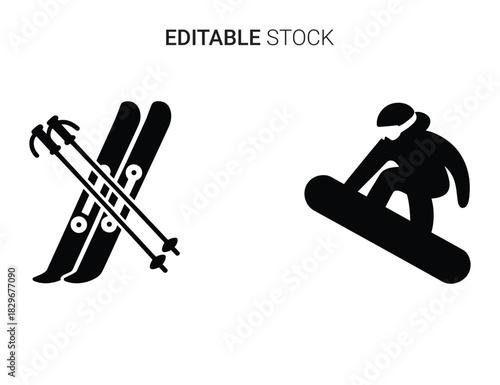 Beautiful silhouette vector of black and white icon set for winter sport activity like skiing and snowboarding
