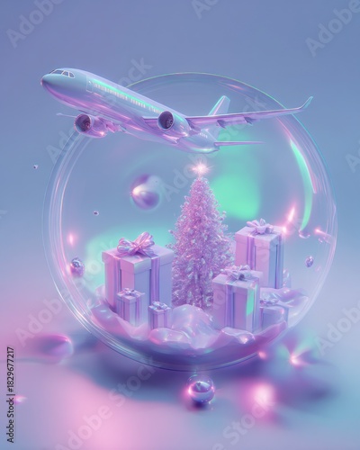 A shiny airplane flying above a glowing globe surrounded by christmas trees and reflective gift boxes, expressing a new year concept of global holiday travel and celebration.