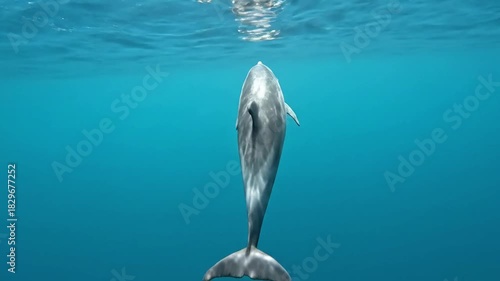 Dynamic ocean ballet: A powerful dolphin leaping out of the turquoise sea, captured in slow motion against a pristine marine backdrop. Highlighting the athletic grace and energy of a dolphin as it?