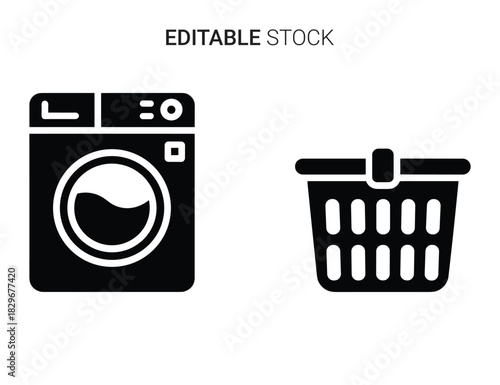 Beautiful silhouette vector of black and white icon set of a washing machine and laundry basket