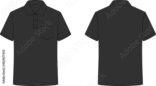 Black short sleeve polo shirt front and back view apparel template design for fashion mockup, clothing layout, cad drawing flat vector illustration