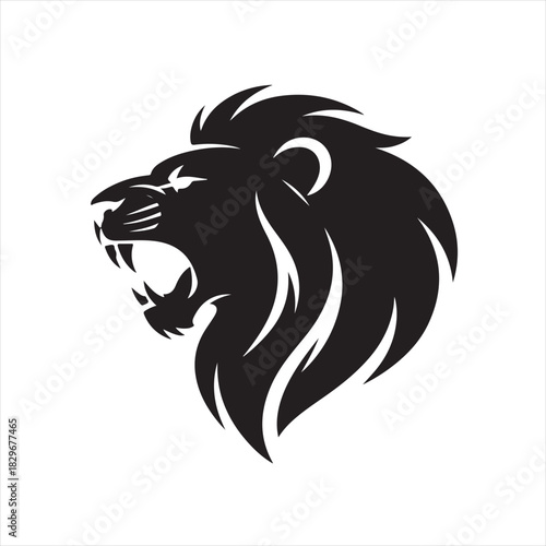 Fierce black lion head roaring profile silhouette