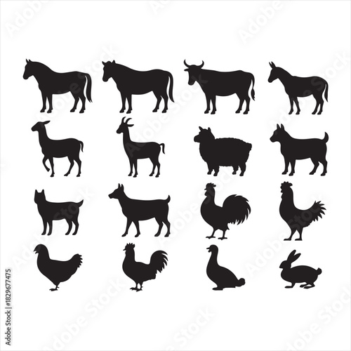 Collection of farm animal silhouettes on white background