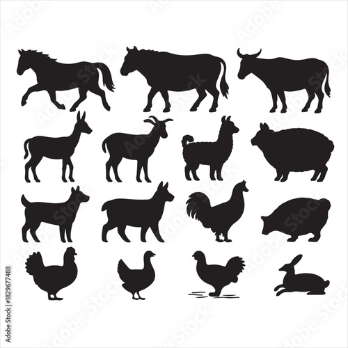 Collection of farm animal silhouettes on white background