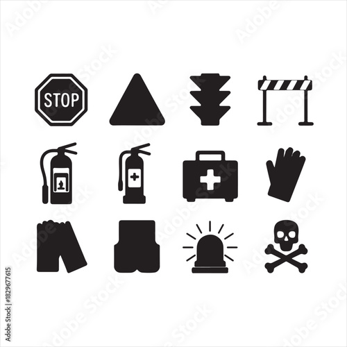 Collection of safety and warning icons for construction and emergency situations