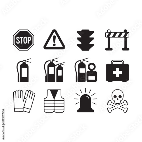 Collection of safety and warning icons for construction and emergency services