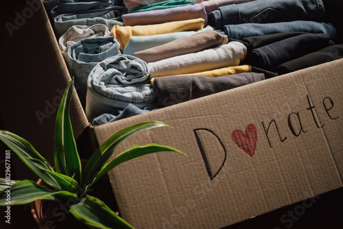 Many clothing items are organised in a donation box with a message promoting kindness and community support
