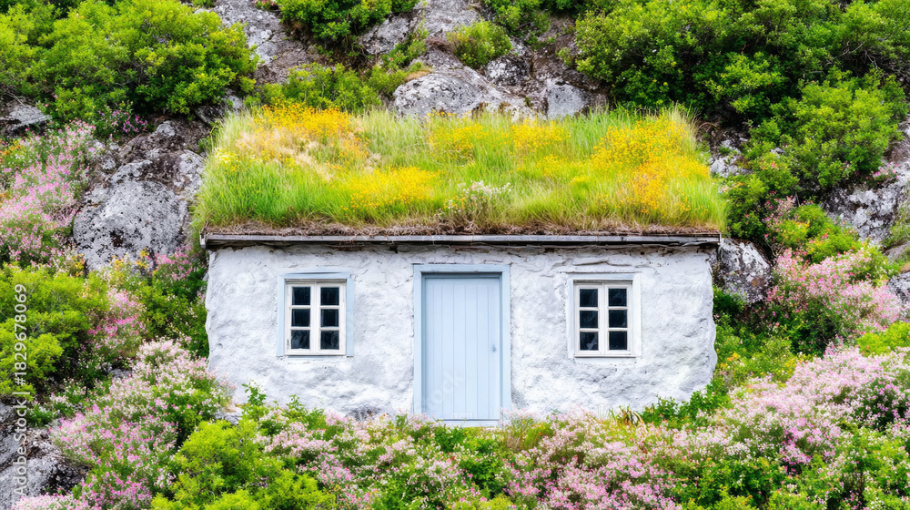 Fototapeta premium Traditional earth sheltered home integrating into lush green hillside with grass roof and wildflowers