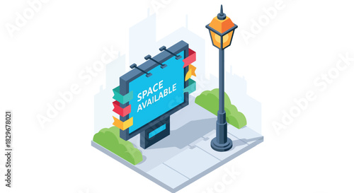 Isometric illustration of a city street with a billboard displaying "SPACE AVAILABLE" and a vintage street lamp.