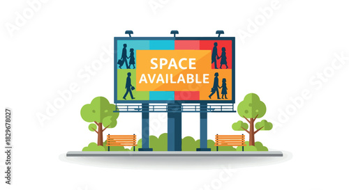 A large outdoor billboard displaying "SPACE AVAILABLE" with walking people silhouettes in an urban park setting.