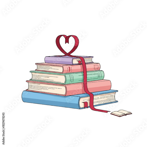 Stack of Books with a Heart-Shaped Ribbon, Symbolizing Love for Reading and Literature