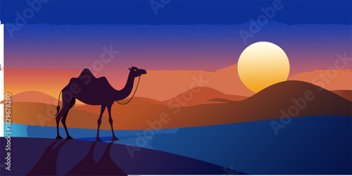 A Spiritual Journey in the Holy Month: A Ramadan Sunset Desert Illustration. A visualization of beauty. Perfect for a Ramadan greeting banner, mosque website header, or Eid al-Fitr card.
