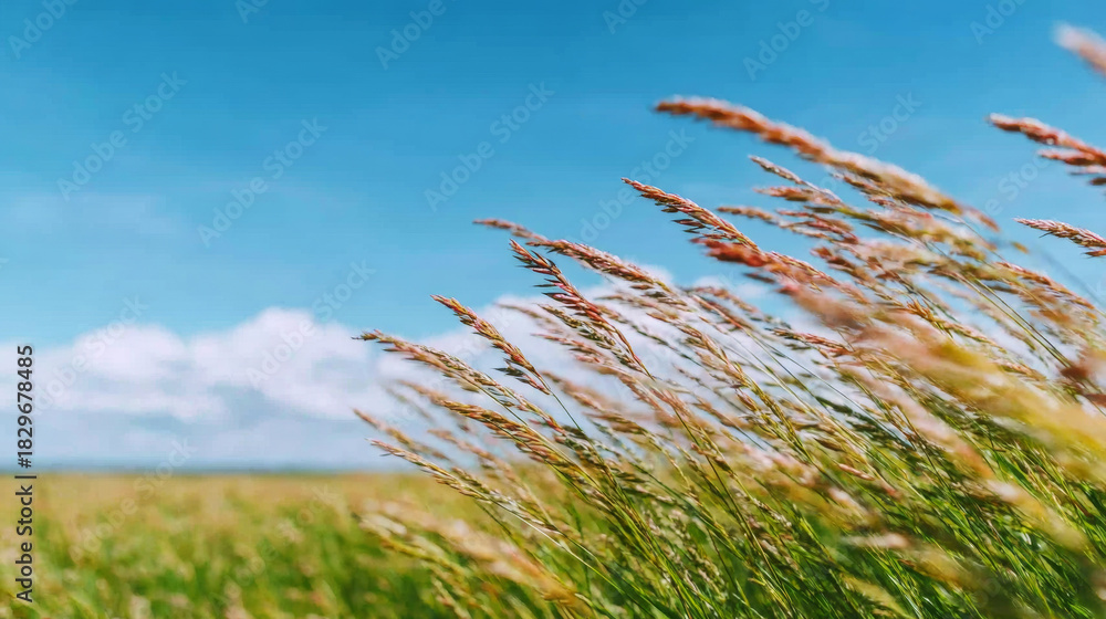 Obraz premium Golden grass field blowing gently in the wind under a clear blue summer sky, symbolizing freedom and nature