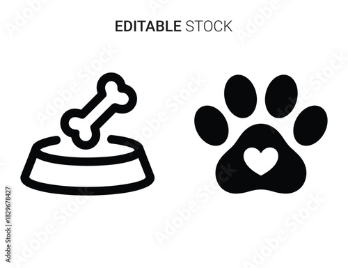 Beautiful silhouette vector of set of two black and white pet care icons food bowl and paw print